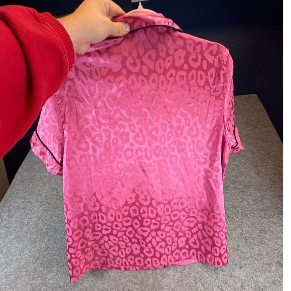 VINTAGE Pajama Top Womens Large Pink Leopard Jacquard Short Sleeve Lounge Shirt - Picture 5 of 6